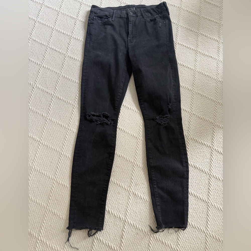 MOTHER Black Distressed Skinny Jeans